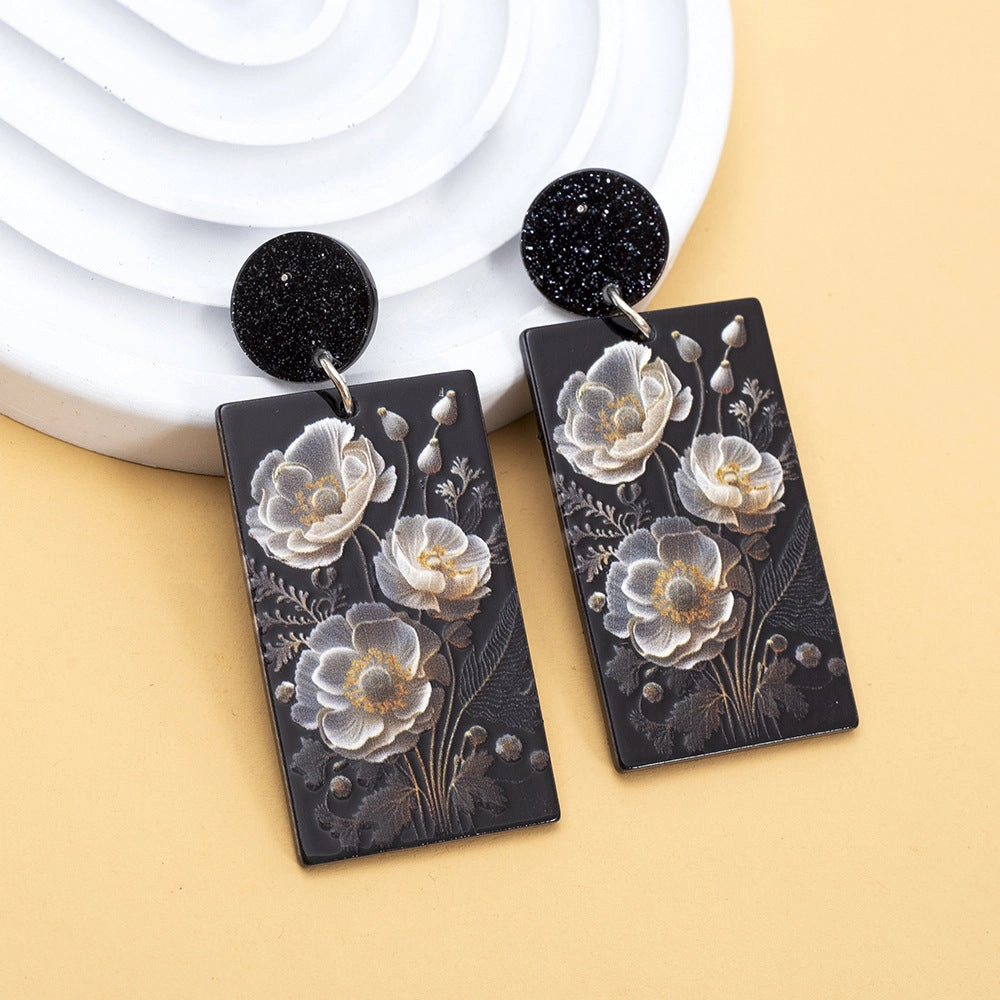Wholesale Geometric Rectangular Poppy Flowers 3D Printed Vintage Acrylic Earrings