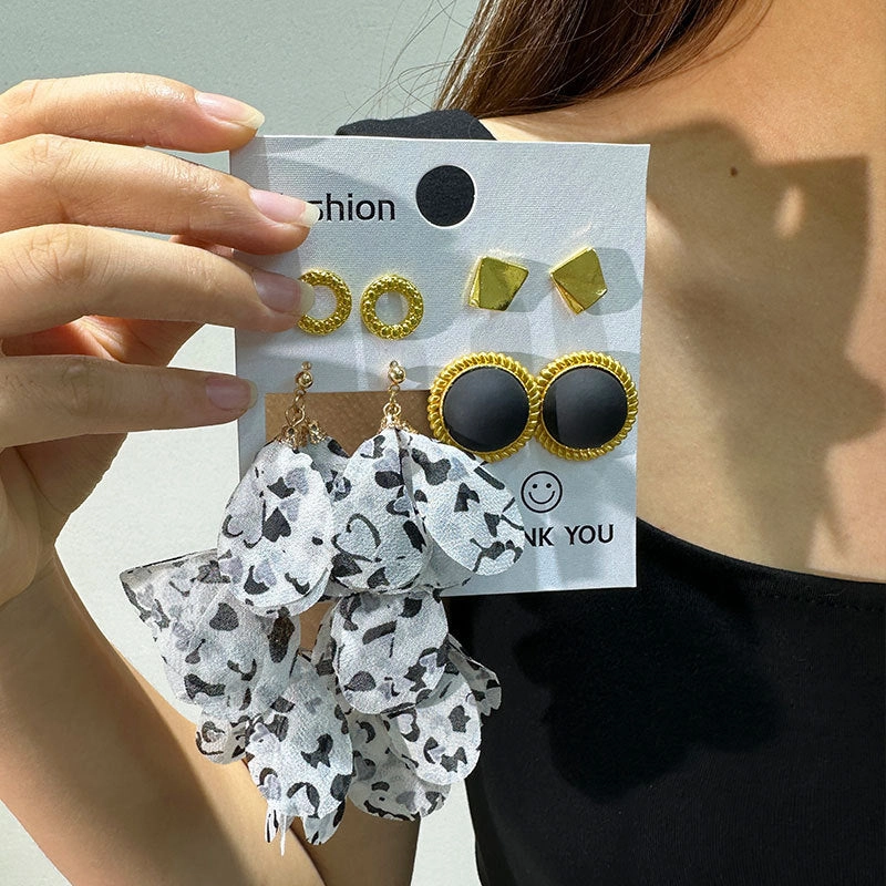 Wholesale Geometric Round Stud Fabric Tassel Earrings Set