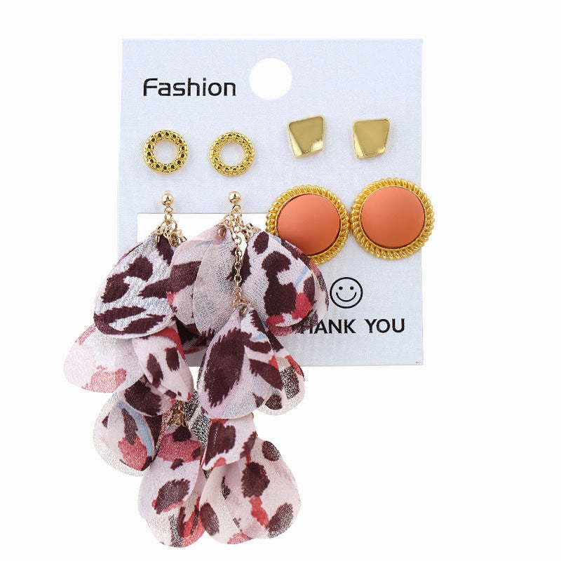 Wholesale Geometric Round Stud Fabric Tassel Earrings Set