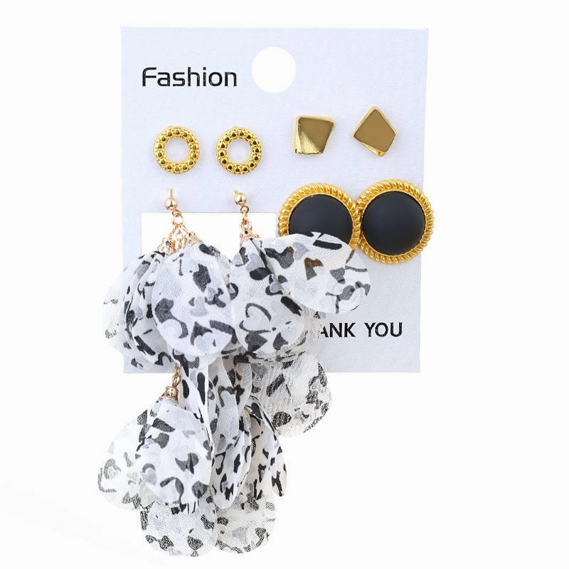 Wholesale Geometric Round Stud Fabric Tassel Earrings Set
