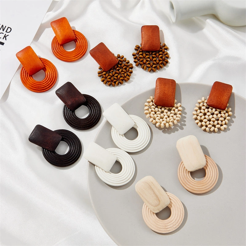Wholesale Geometric Wooden Beaded Vintage 925 Silver Needle Earrings