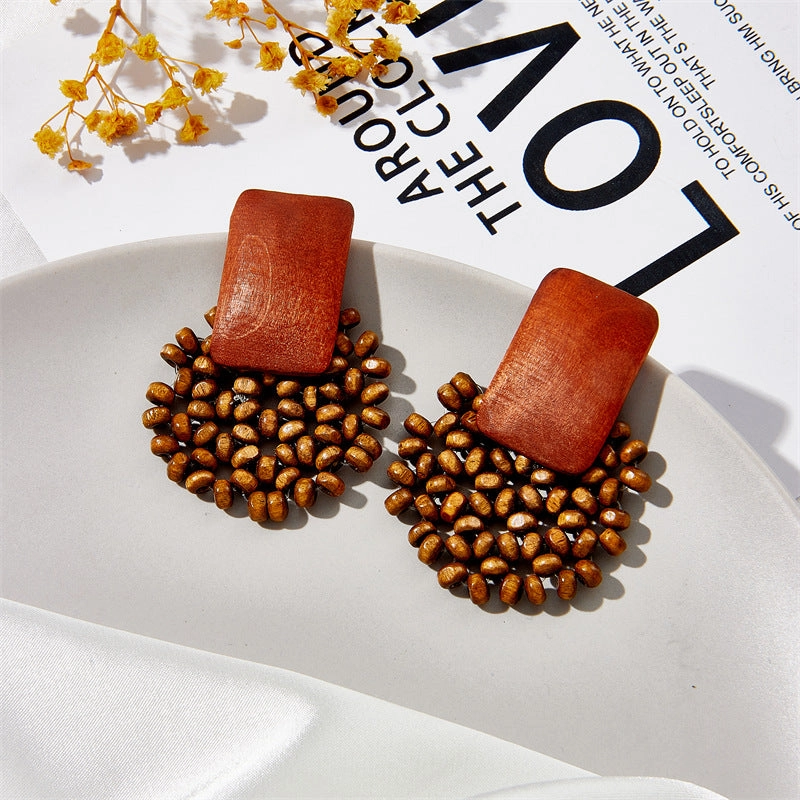 Wholesale Geometric Wooden Beaded Vintage 925 Silver Needle Earrings