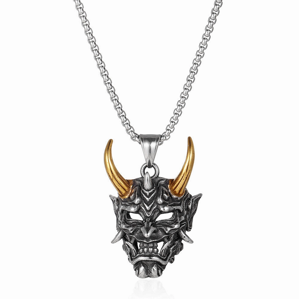 Wholesale Ghost Samurai Mask Golden Horn Prajna Pendant Stainless Steel Necklaces