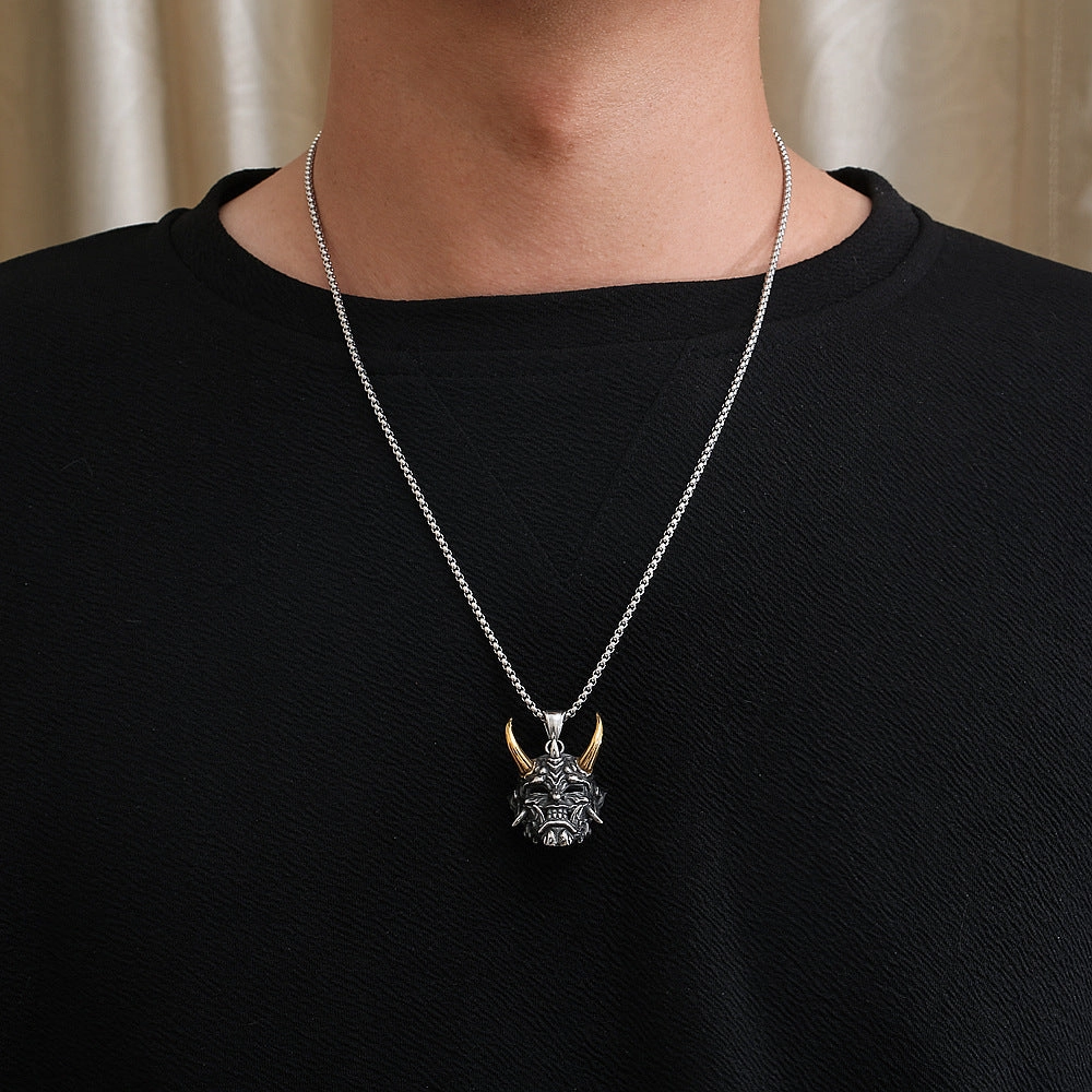 Wholesale Ghost Samurai Mask Golden Horn Prajna Pendant Stainless Steel Necklaces