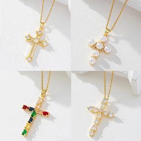 Wholesale Gilded Cross Geometry Zircon Vintage Pearl Necklace