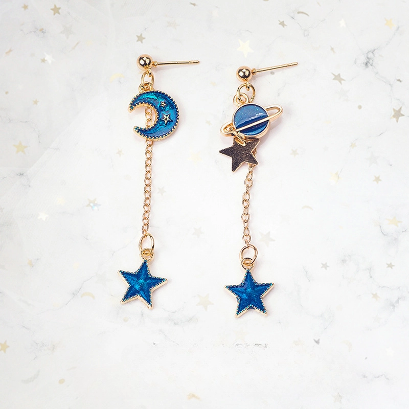 Wholesale Girl Heart Asymmetry Small Fresh Blue Starry Sky Moon Cosmic Planet Earrings