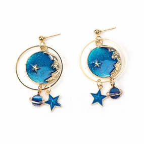 Wholesale Girl Heart Asymmetry Small Fresh Blue Starry Sky Moon Cosmic Planet Earrings