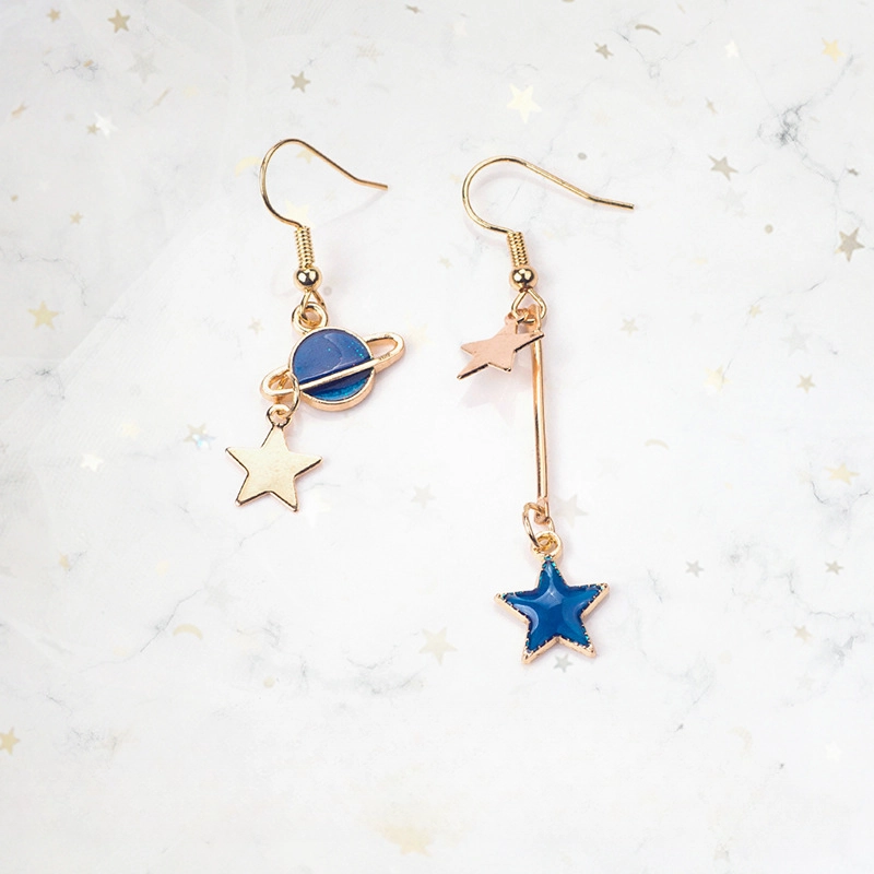 Wholesale Girl Heart Asymmetry Small Fresh Blue Starry Sky Moon Cosmic Planet Earrings