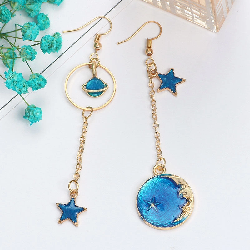 Wholesale Girl Heart Asymmetry Small Fresh Blue Starry Sky Moon Cosmic Planet Earrings