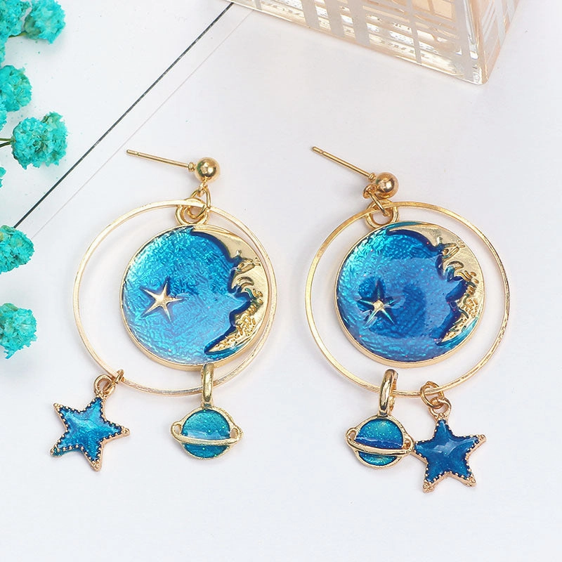 Wholesale Girl Heart Asymmetry Small Fresh Blue Starry Sky Moon Cosmic Planet Earrings
