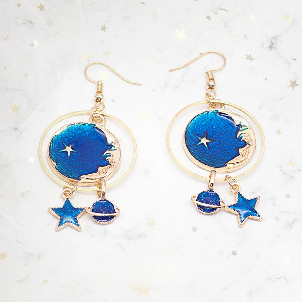 Wholesale Girl Heart Asymmetry Small Fresh Blue Starry Sky Moon Cosmic Planet Earrings