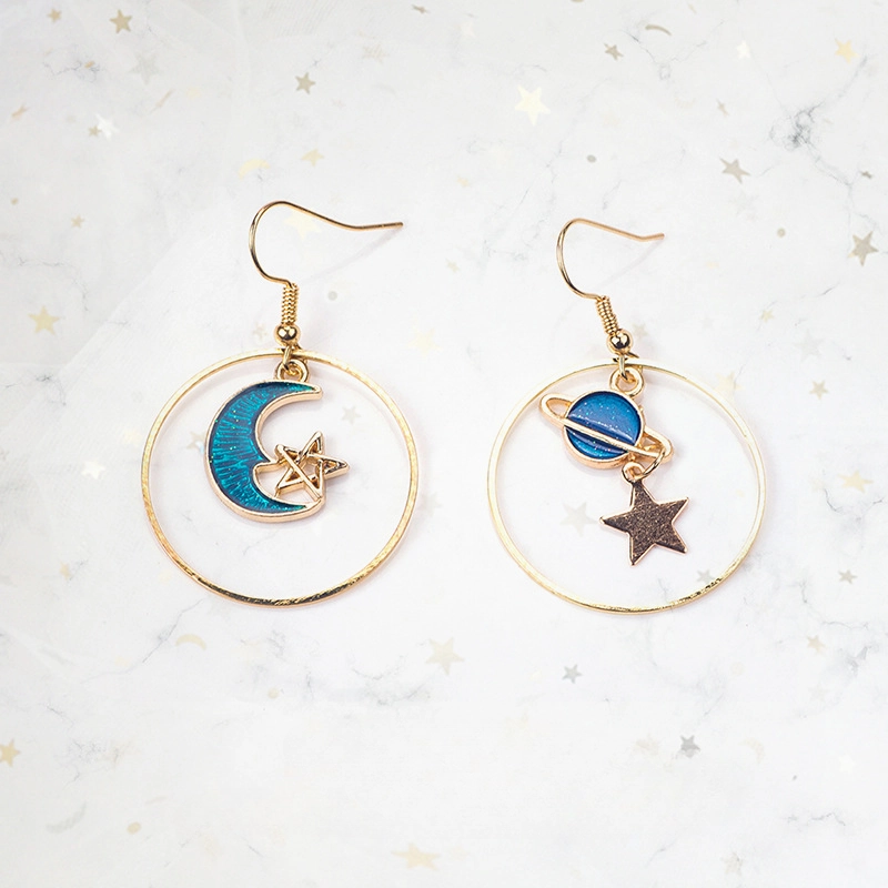 Wholesale Girl Heart Asymmetry Small Fresh Blue Starry Sky Moon Cosmic Planet Earrings