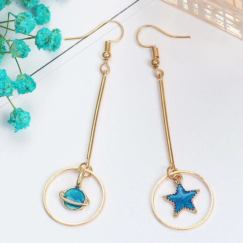 Wholesale Girl Heart Asymmetry Small Fresh Blue Starry Sky Moon Cosmic Planet Earrings