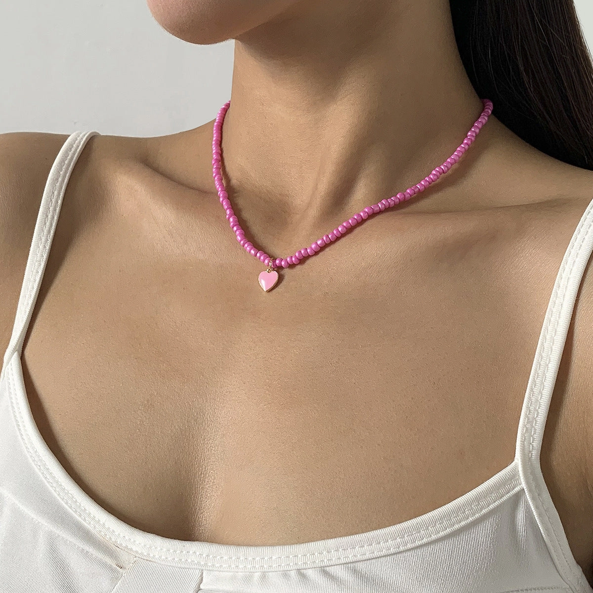 Wholesale Glass Beads Peach Heart Stackable Beaded Necklace