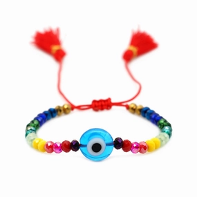 Wholesale Glass Blue Eye Bead Rainbow Style Crystal Beaded Tassel Bracelet