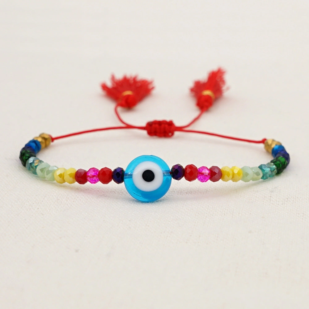 Wholesale Glass Blue Eye Bead Rainbow Style Crystal Beaded Tassel Bracelet