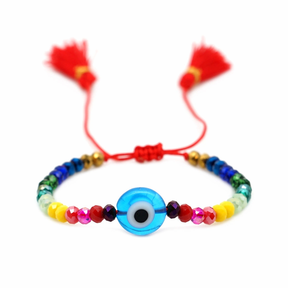 Wholesale Glass Blue Eye Bead Rainbow Style Crystal Beaded Tassel Bracelet
