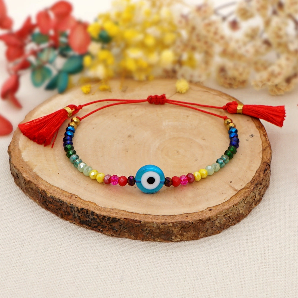 Wholesale Glass Blue Eye Bead Rainbow Style Crystal Beaded Tassel Bracelet