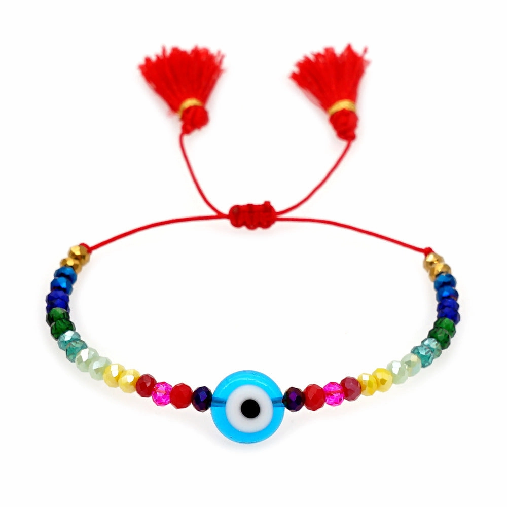Wholesale Glass Blue Eye Bead Rainbow Style Crystal Beaded Tassel Bracelet