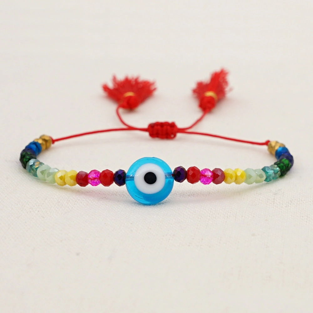 Wholesale Glass Blue Eye Bead Rainbow Style Crystal Beaded Tassel Bracelet