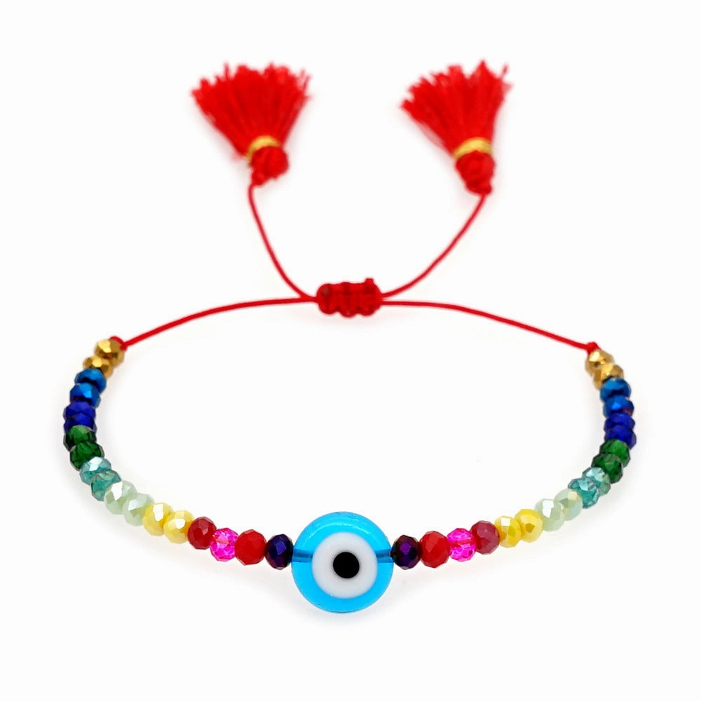 Wholesale Glass Blue Eye Bead Rainbow Style Crystal Beaded Tassel Bracelet