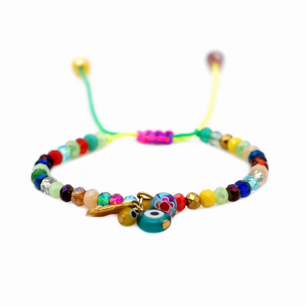 Wholesale Glass Blue Eye Bead Rainbow Style Crystal Beaded Tassel Bracelet