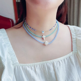 Wholesale Glass Blue Eyes Rice Beads Cross Layer Necklace