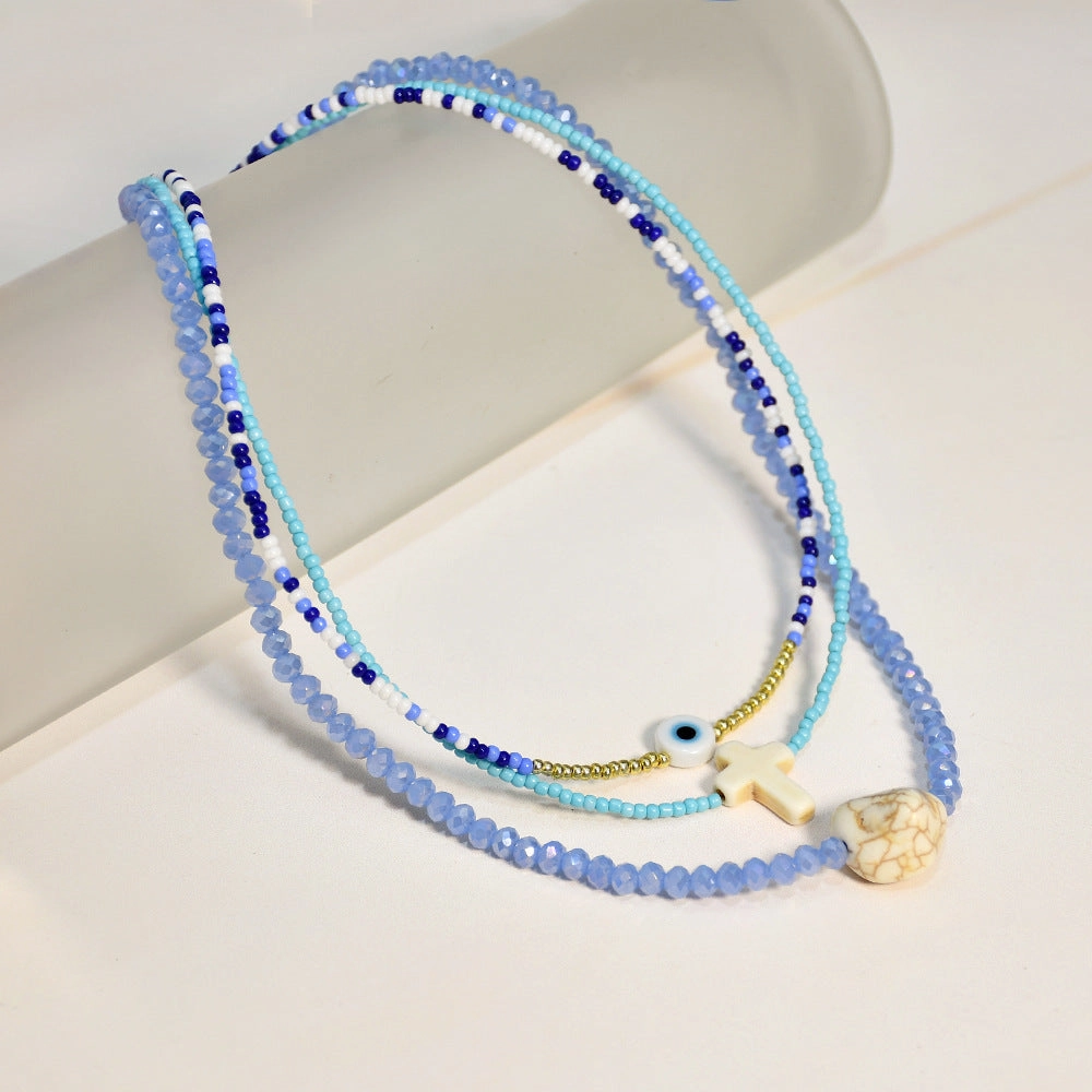 Wholesale Glass Blue Eyes Rice Beads Cross Layer Necklace
