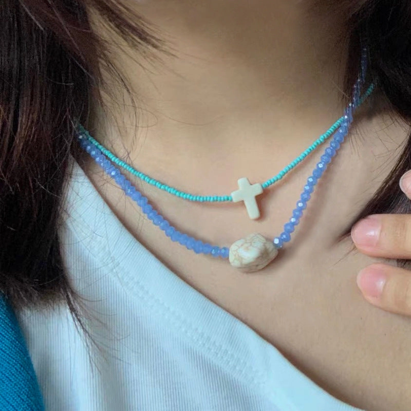 Wholesale Glass Blue Eyes Rice Beads Cross Layer Necklace