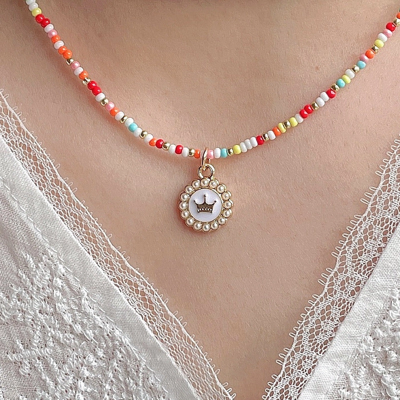 Wholesale Glass Colorful Hand Beaded Crown Pendant Pearl Necklace