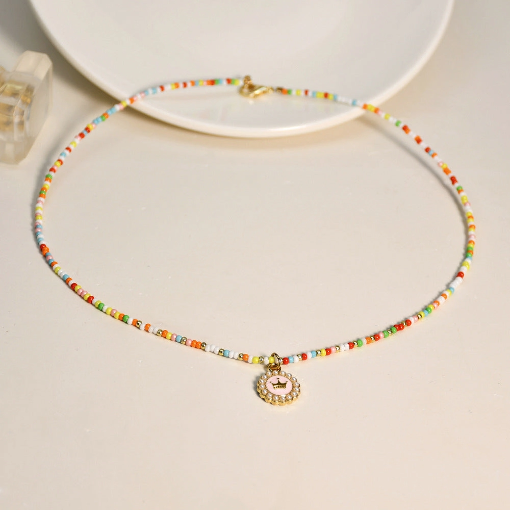 Wholesale Glass Colorful Hand Beaded Crown Pendant Pearl Necklace