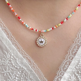 Wholesale Glass Colorful Hand Beaded Crown Pendant Pearl Necklace