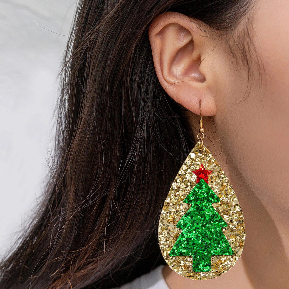 Wholesale Glitter Leather Christmas Tree Star Earrings