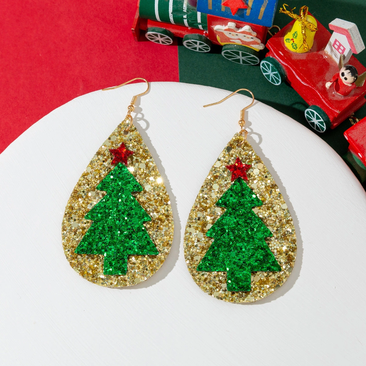 Wholesale Glitter Leather Christmas Tree Star Earrings