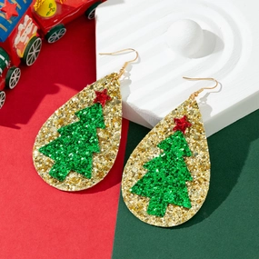 Wholesale Glitter Leather Christmas Tree Star Earrings
