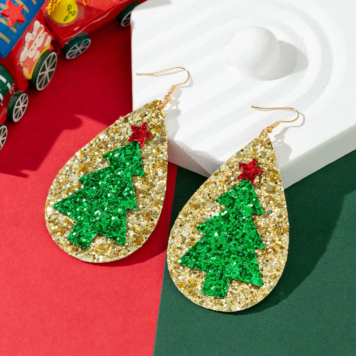 Wholesale Glitter Leather Christmas Tree Star Earrings