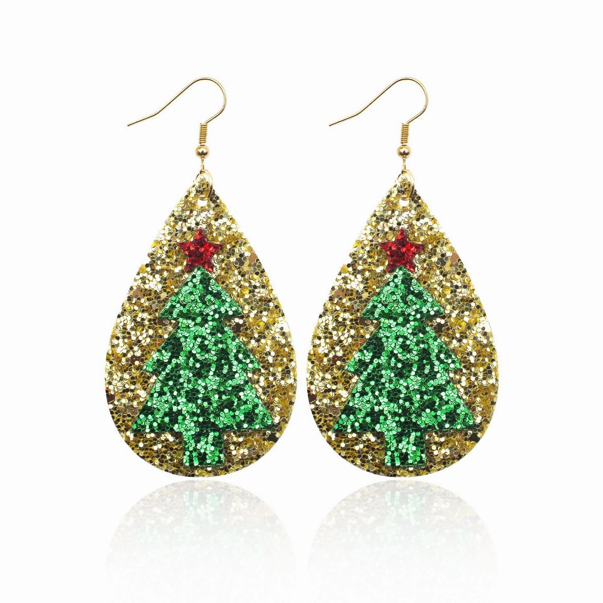 Wholesale Glitter Leather Christmas Tree Star Earrings