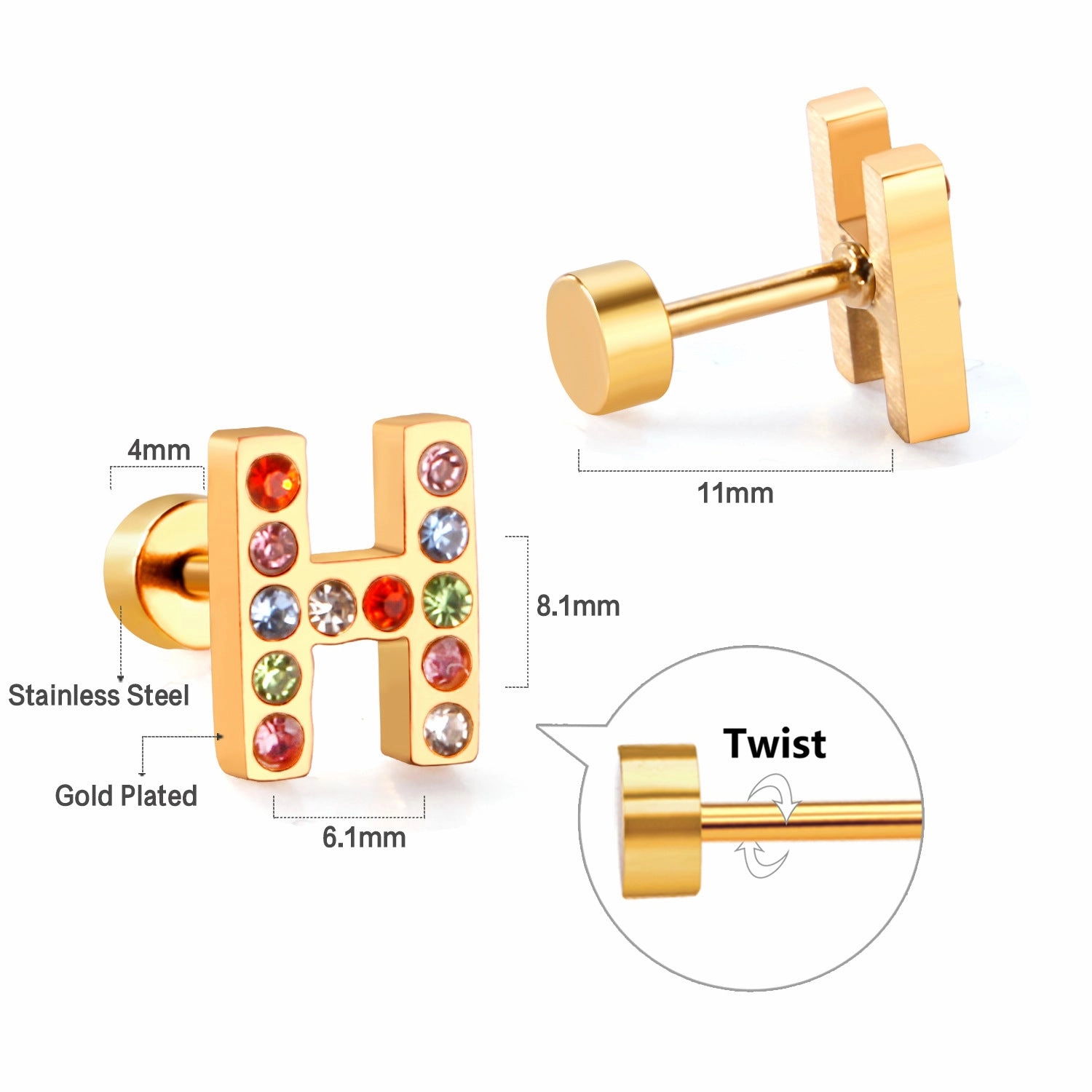 Wholesale Gold 26 Letters Stainless Steel Ear Studs Earrings