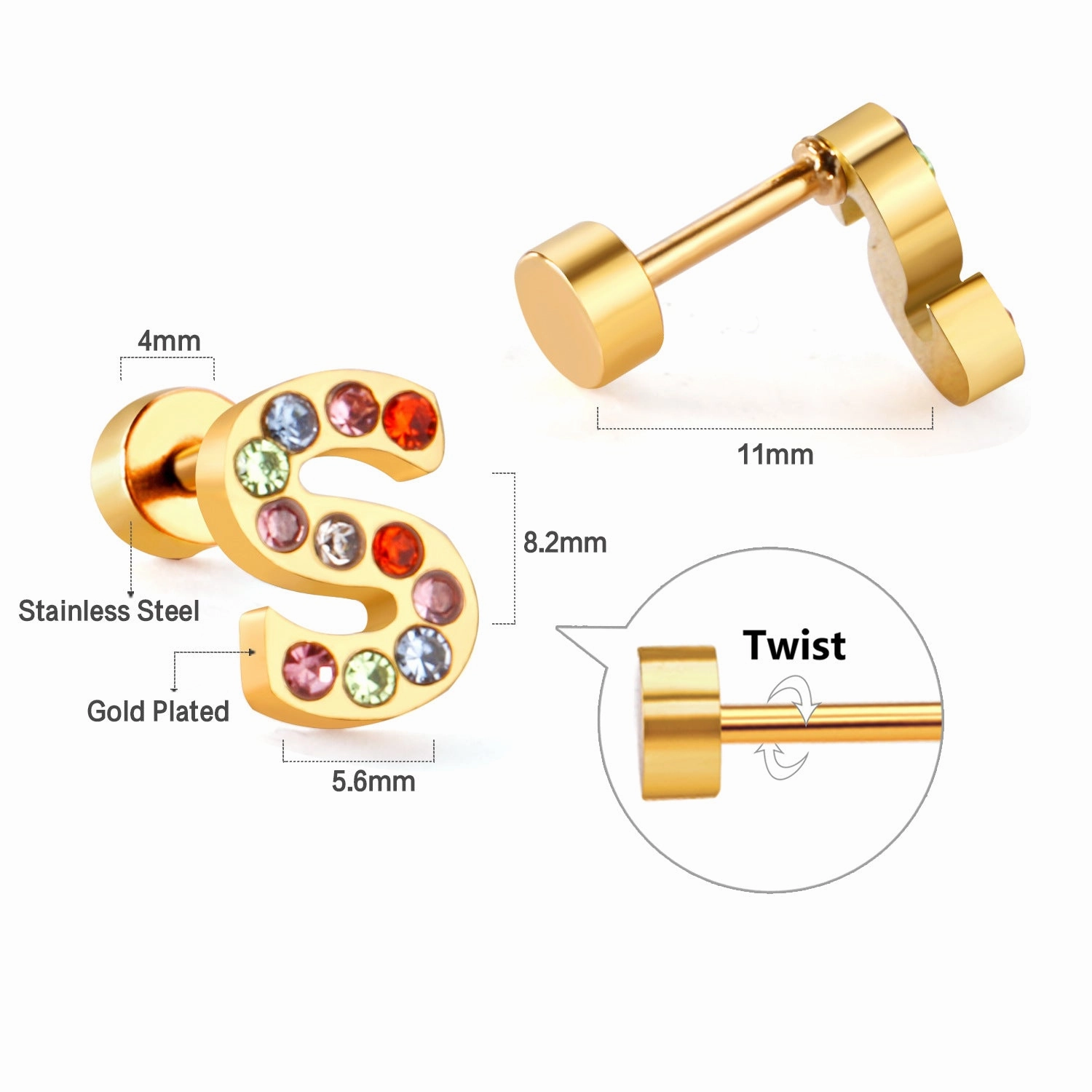 Wholesale Gold 26 Letters Stainless Steel Ear Studs Earrings