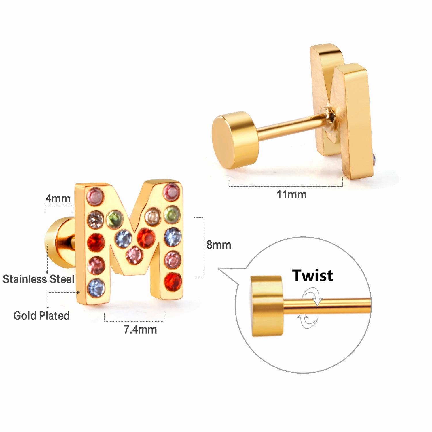 Wholesale Gold 26 Letters Stainless Steel Ear Studs Earrings