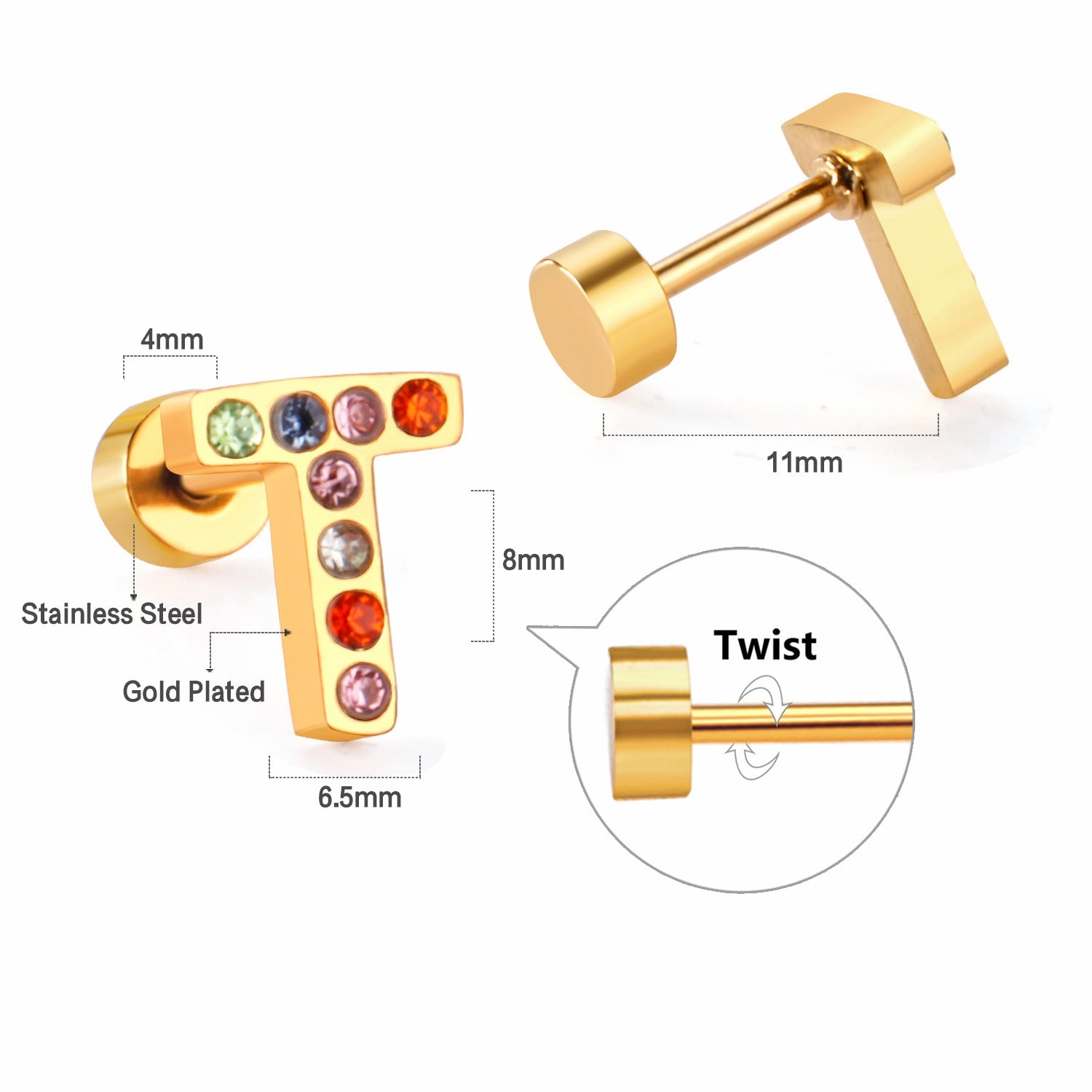Wholesale Gold 26 Letters Stainless Steel Ear Studs Earrings
