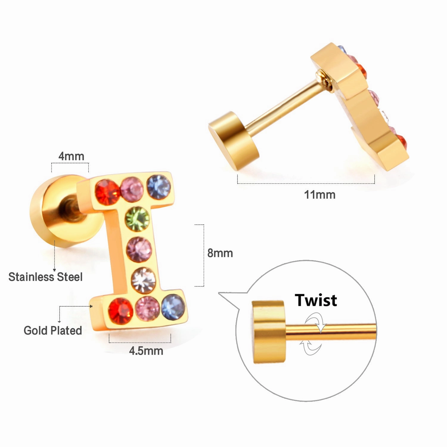 Wholesale Gold 26 Letters Stainless Steel Ear Studs Earrings