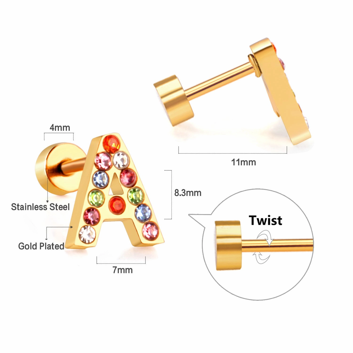 Wholesale Gold 26 Letters Stainless Steel Ear Studs Earrings