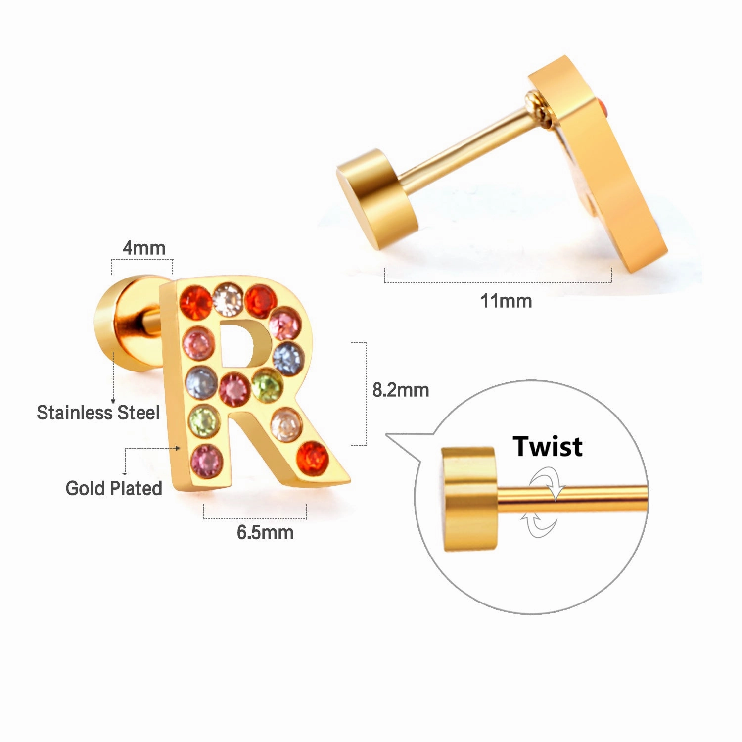 Wholesale Gold 26 Letters Stainless Steel Ear Studs Earrings