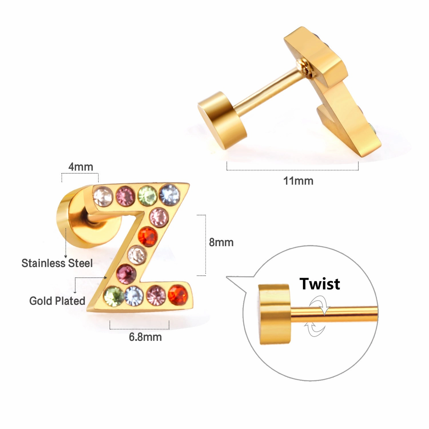 Wholesale Gold 26 Letters Stainless Steel Ear Studs Earrings