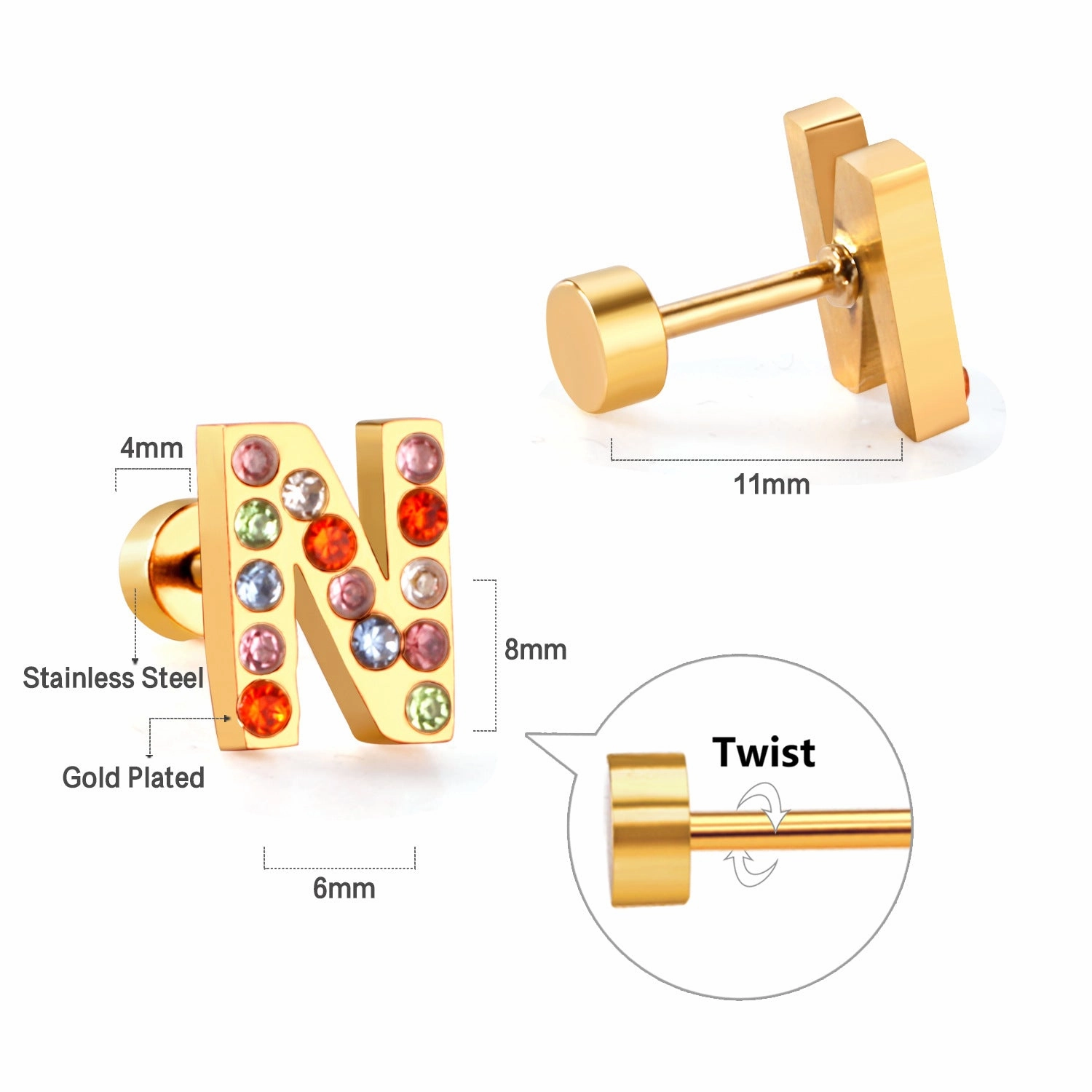 Wholesale Gold 26 Letters Stainless Steel Ear Studs Earrings