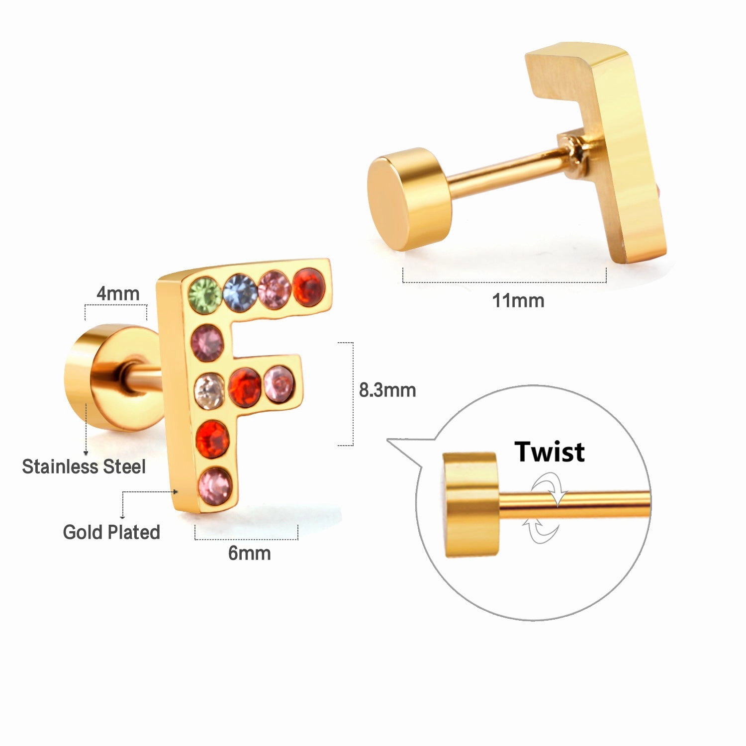 Wholesale Gold 26 Letters Stainless Steel Ear Studs Earrings