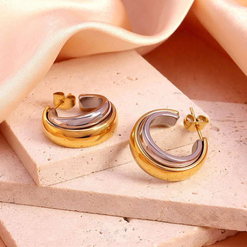 Wholesale Gold and Silver Double Earrings Contrasting Color Earrings 18K Stainless Steel Gold Plated Earrings