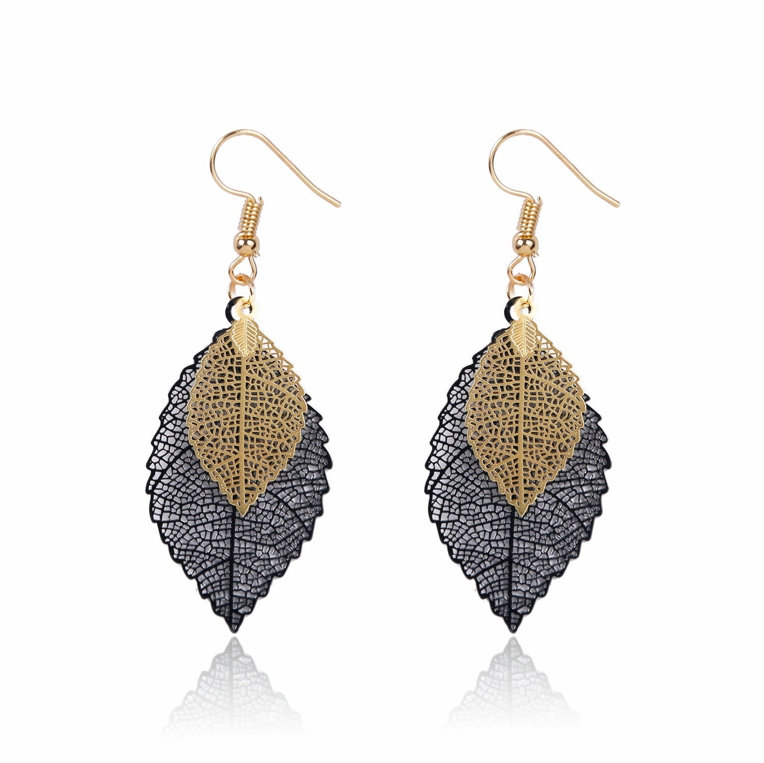 Wholesale Gold Double Hollow Leaf Alloy Earrings