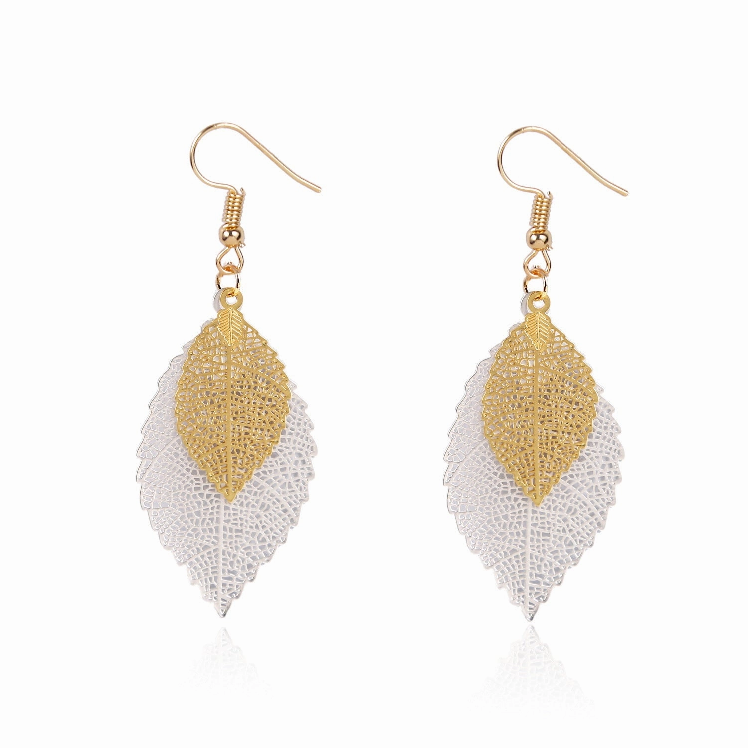 Wholesale Gold Double Hollow Leaf Alloy Earrings